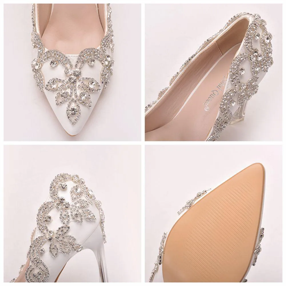 White floral rhinestone elegant white wedding stiletto heels