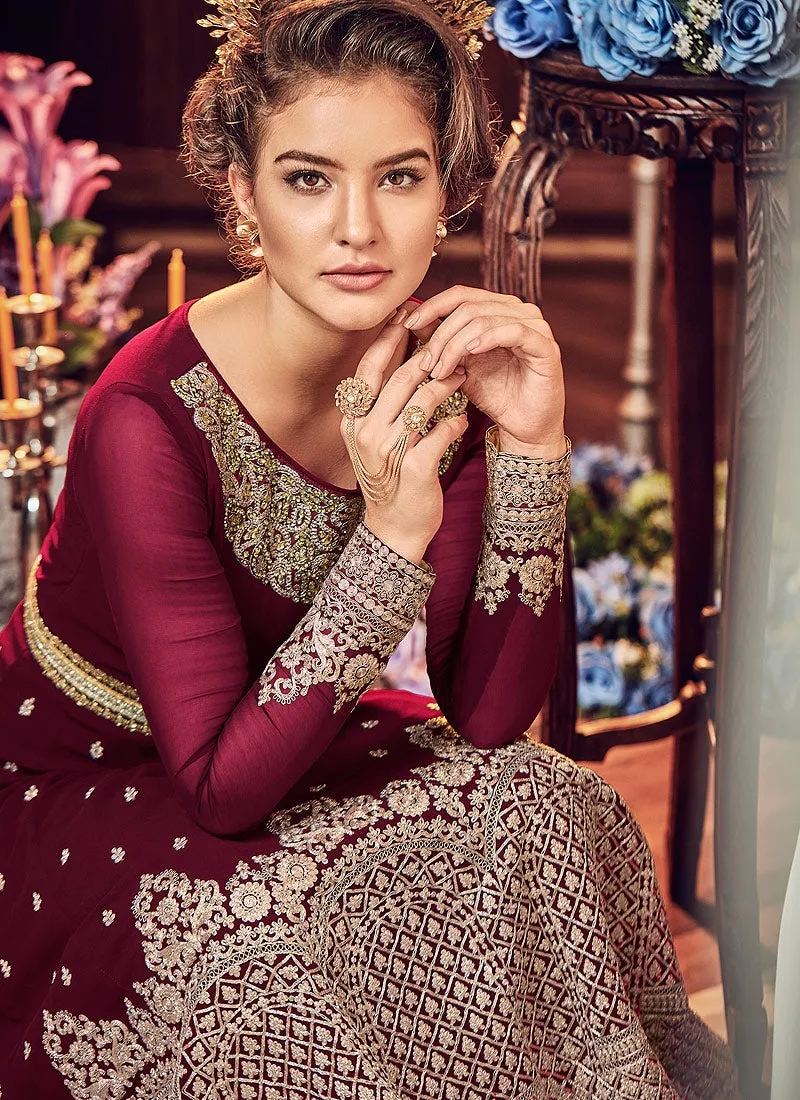 Wine All Embellished Ghera Kaliyaari Anarkali Suit