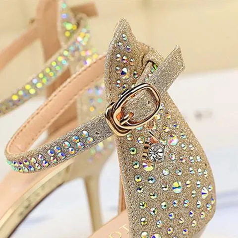 Women open toe rhinestone stiletto  heels | Glitter sparkly high heels ankle strap sandals | Party heels sandals