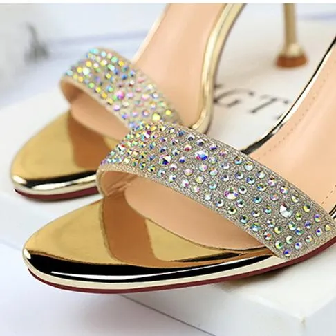 Women open toe rhinestone stiletto  heels | Glitter sparkly high heels ankle strap sandals | Party heels sandals