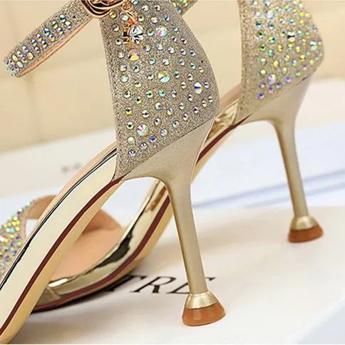 Women open toe rhinestone stiletto  heels | Glitter sparkly high heels ankle strap sandals | Party heels sandals