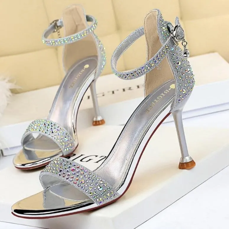 Women open toe rhinestone stiletto  heels | Glitter sparkly high heels ankle strap sandals | Party heels sandals