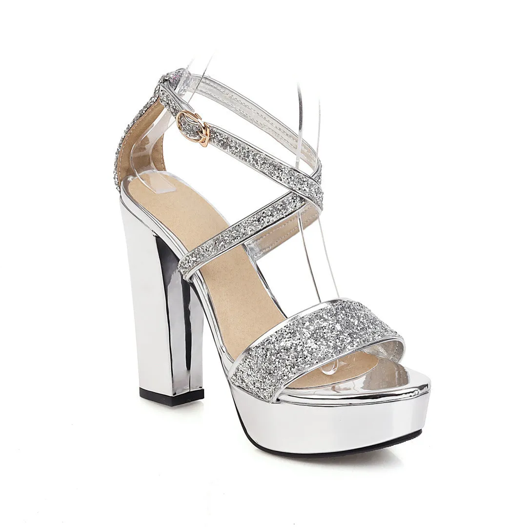 Women platform heels rhinestone criss cross block heels peep toe ankle strap heels