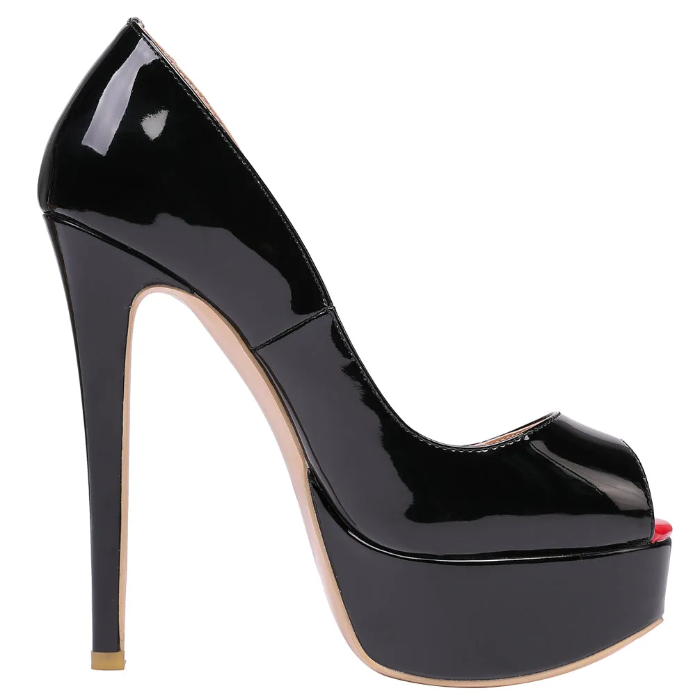 Women Sexy Black Patent Pumps 14cm Peep-toe Party High Heels with platform