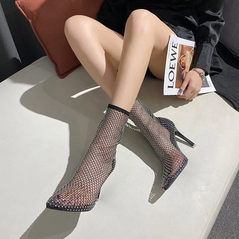 Women sexy hollow sparkly rhinestone pointed toe stiletto heels