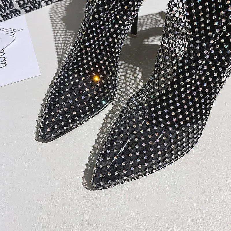 Women sexy hollow sparkly rhinestone pointed toe stiletto heels