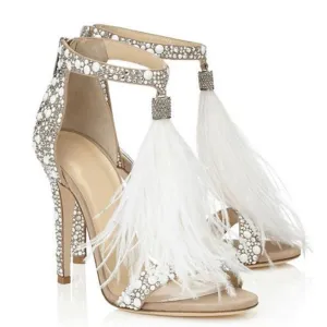 Women wedding feather fringe stiletto sparkly rhinestone heels