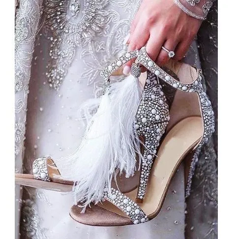 Women wedding feather fringe stiletto sparkly rhinestone heels