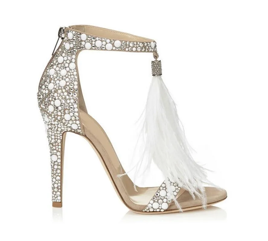 Women wedding feather fringe stiletto sparkly rhinestone heels