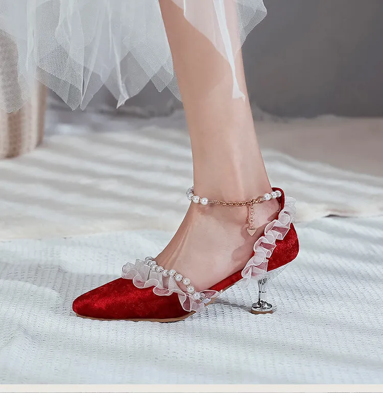 Women's's High Heels Lolita Closed Toe Beading Lace Pointed Toe Spool Heel Stiletto Sandals