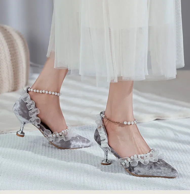 Women's's High Heels Lolita Closed Toe Beading Lace Pointed Toe Spool Heel Stiletto Sandals