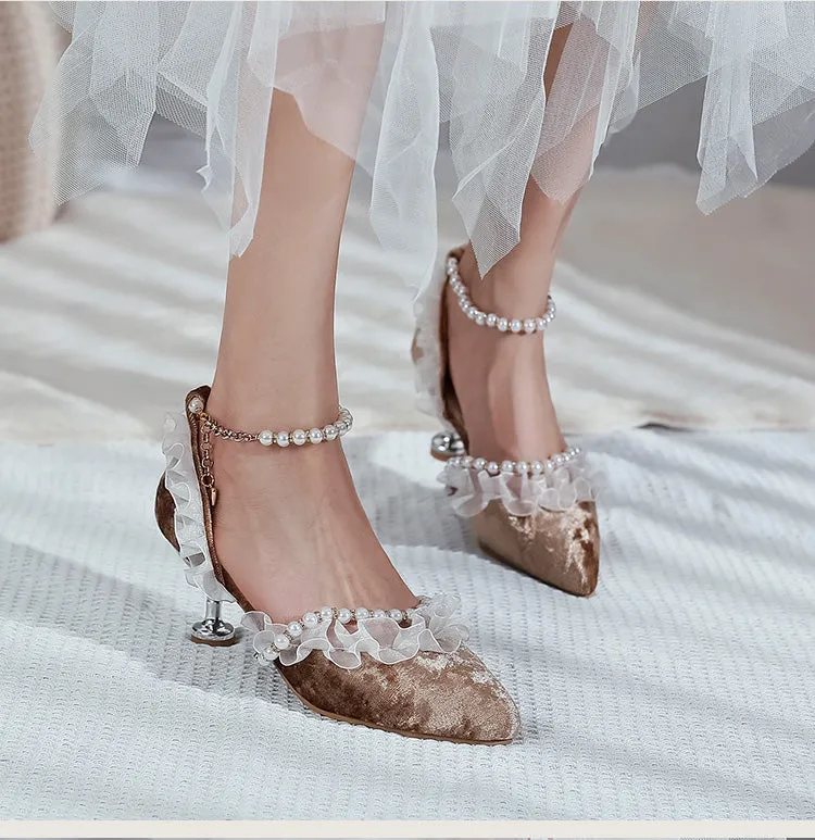 Women's's High Heels Lolita Closed Toe Beading Lace Pointed Toe Spool Heel Stiletto Sandals