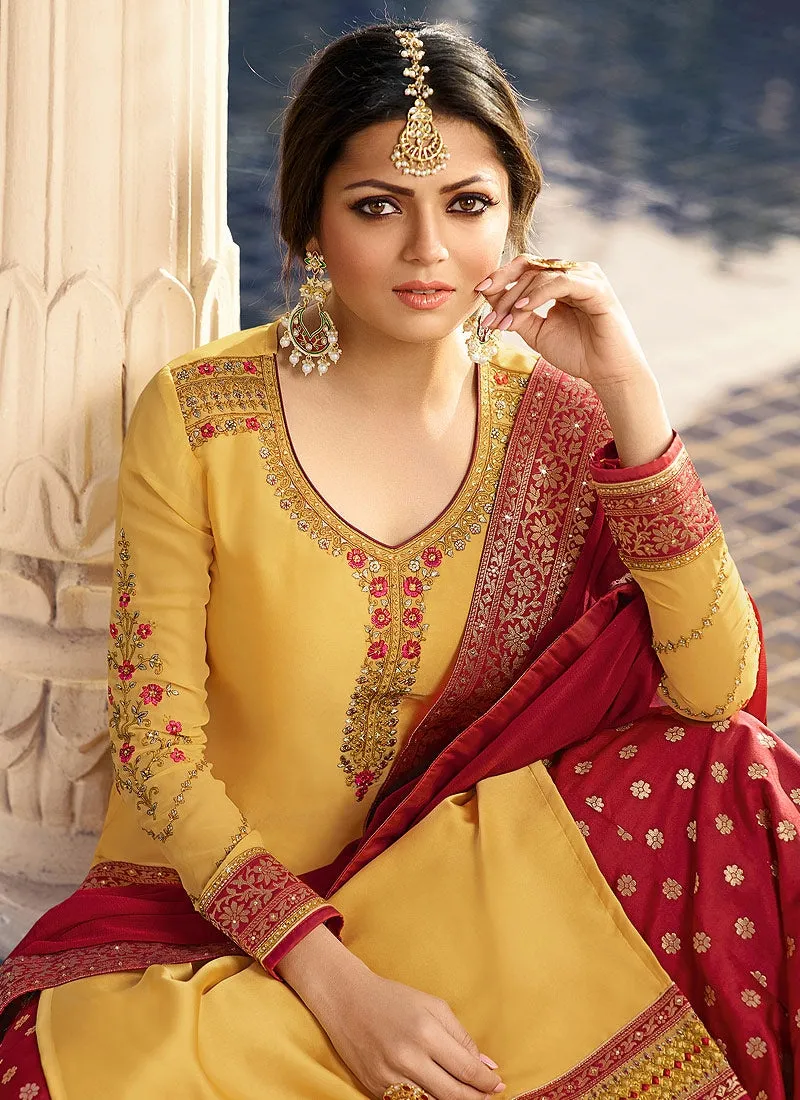 Yellow And Red Embroidered Lehenga Kurti Set