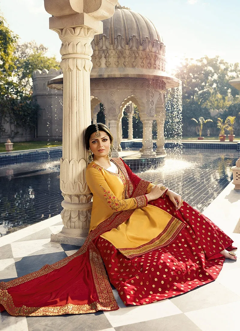 Yellow And Red Embroidered Lehenga Kurti Set