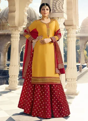 Yellow And Red Embroidered Lehenga Kurti Set